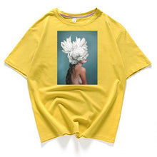 Load image into Gallery viewer, 95% cotton bloom flower feather women t -shirt 2019 summer short sleeve round neck harajuku printing tee Casual fashion Female
